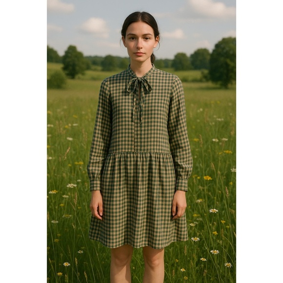Sea New York Dresses & Skirts - SEA NEW YORK Silk Gingham Plaid Long Sleeve Tie Neck Ruffle Hem Prairie Dress S